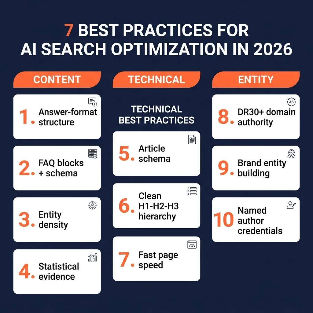 7 best practices for AI search optimization in 2026 — content, technical and entity categories