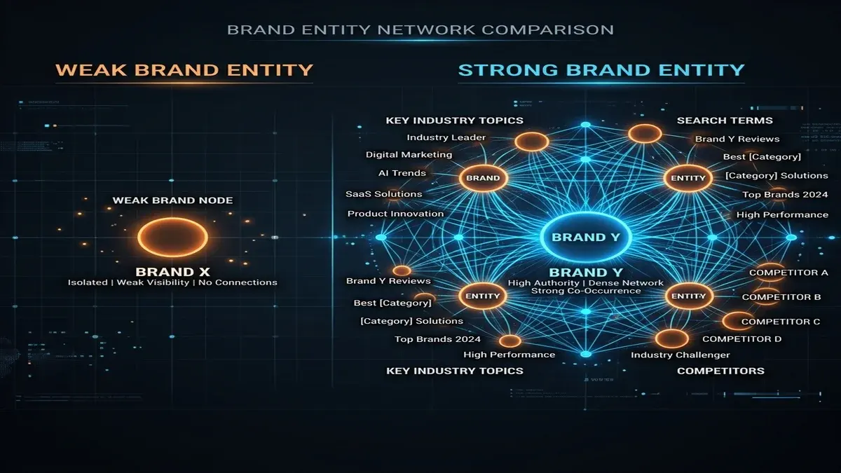 Visual comparison showing a weak brand node vs a strong brand entity node