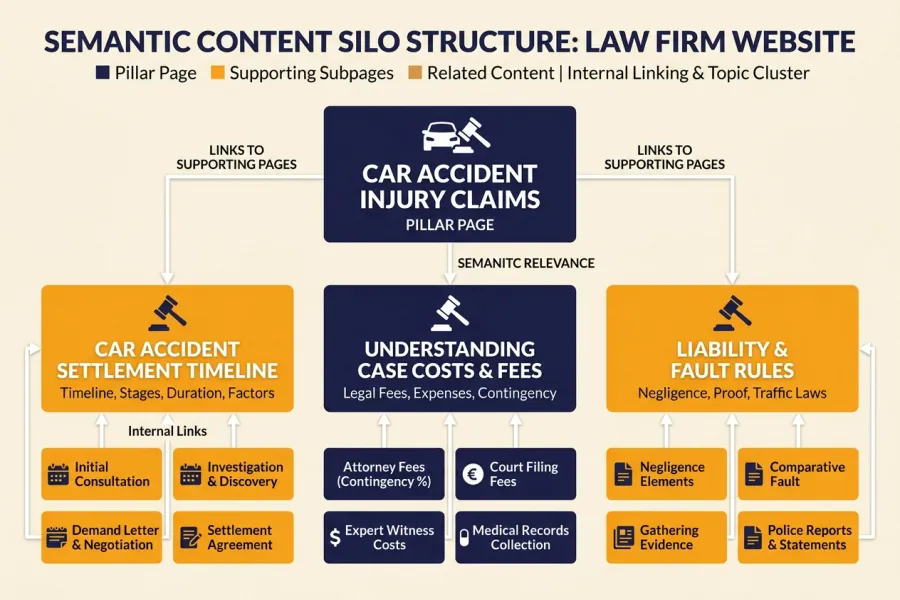 Practice area semantic content silos for law firm search authority