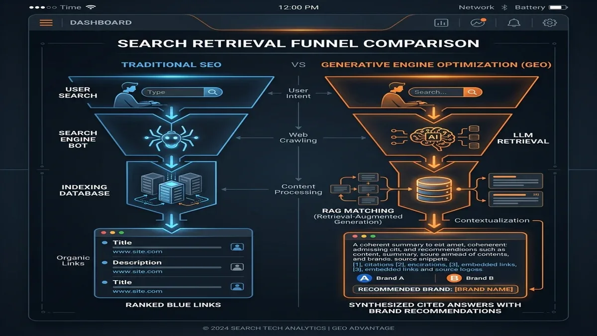 Traditional SEO organic funnel vs RAG citation retrieval funnel chart